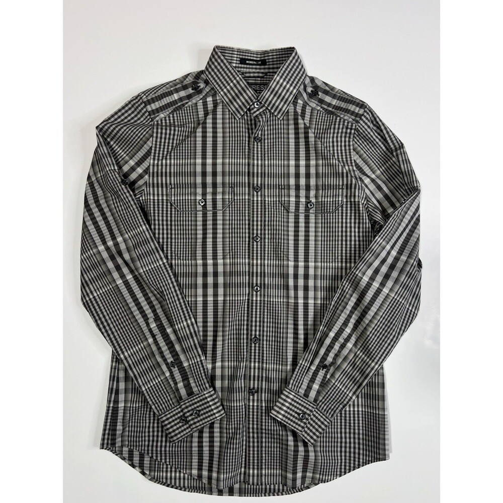 Express Button Up Long Sleeve Shirt Plaid Grey Men's Size S - Preowned